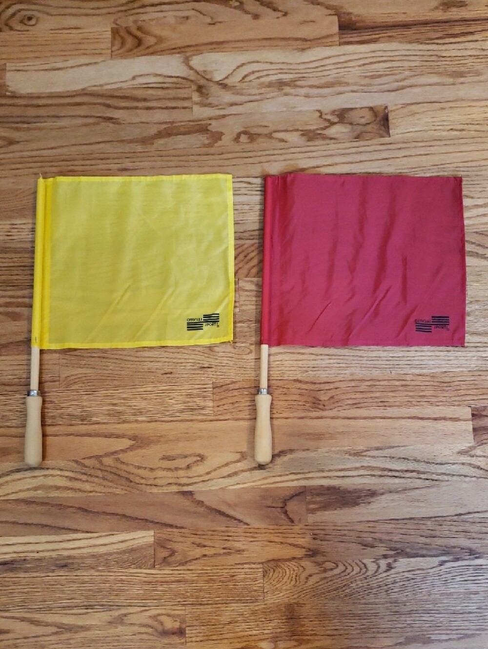 Official Sport- Set Of 2 Referee Linesman Flags - Red/Yellow with Wooden Handles